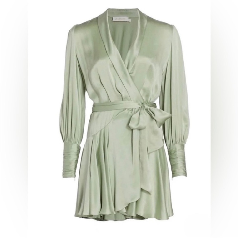 Zimmermann NEW Silk Wrap V-Neck Minidress in Green Sage size 4 (10-12) women's